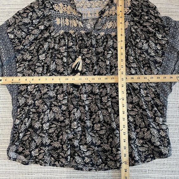 Rachel Roy Womens Boho Blouse Top With Tassels Floral Print Black & Beige S - Picture 7 of 7